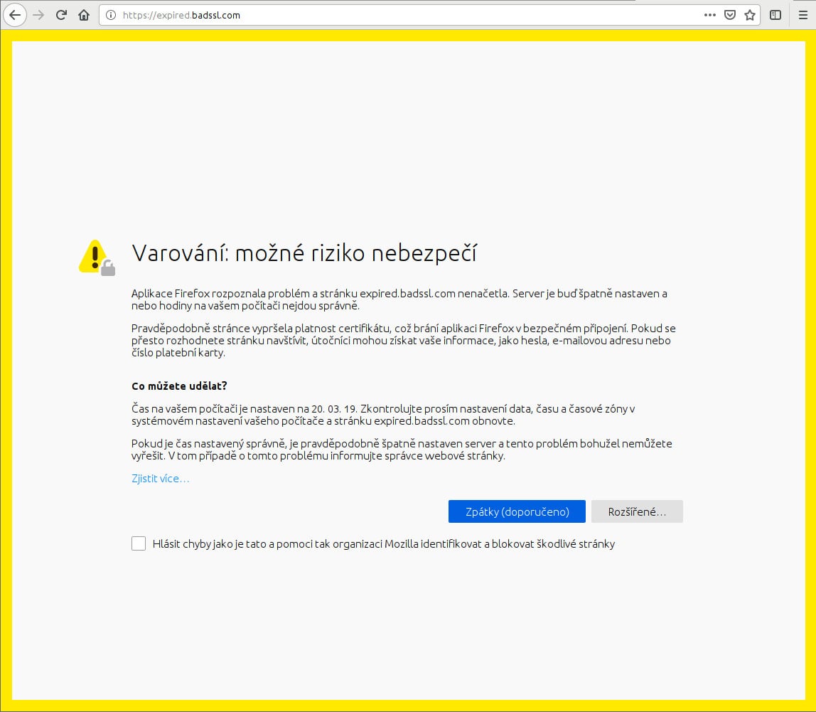 Nová chybová stránka zobrazuje více podrobností o certifikátu.