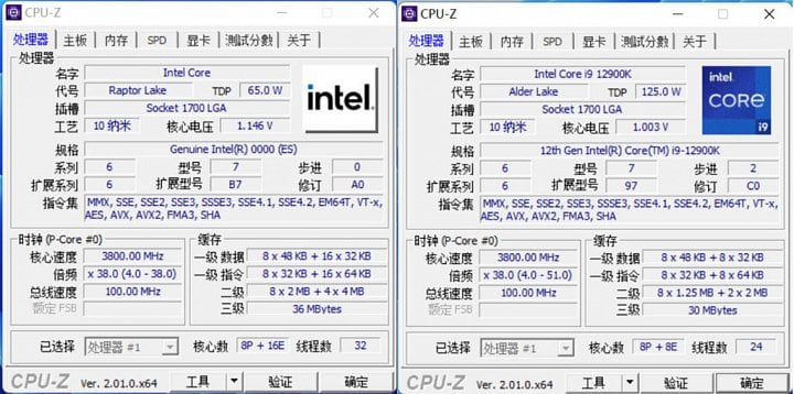 Snímek CPU Z pro ES vzorek Raptor Lake srovnání s Core i9 12900K