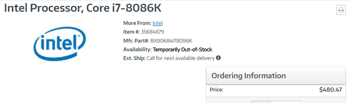 Core i7-8086K v katalozích obchodů (Zdroj: VideoCardz)