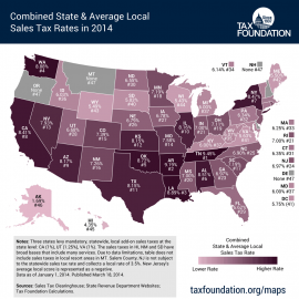 Hodnoty sales tax v jednotlivých státech (součet státní a průměrné lokální sales tax)