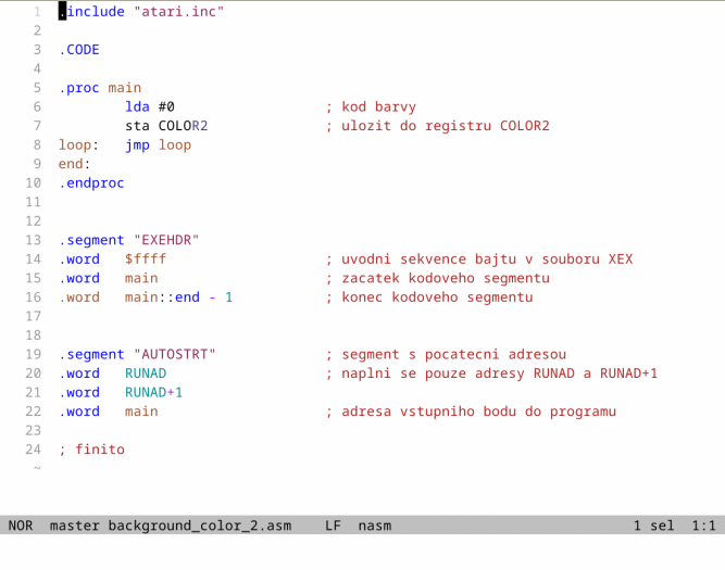 Obrázek 13: Moderní editor Helix s assemblerem pro historický osmibitový počítač Atari.