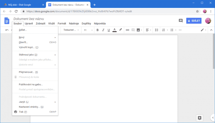 Při práci v Dokumentech Google zkratka Alt+F otevře nabídku editoru, nikoli prohlížeče
