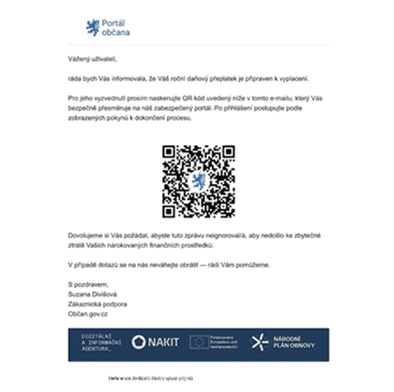 Ukázka podvodného emailu, který se vydává za Finanční správu.