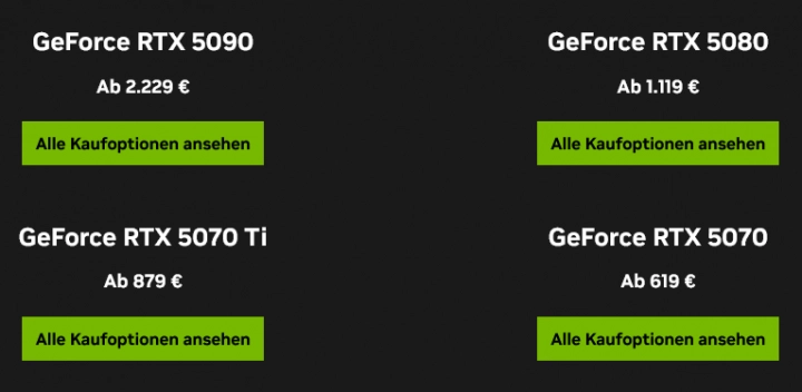Oficiální doporučené (minimální) ceny grafik GeForce RTX 5000 pro Německo / eurozónu