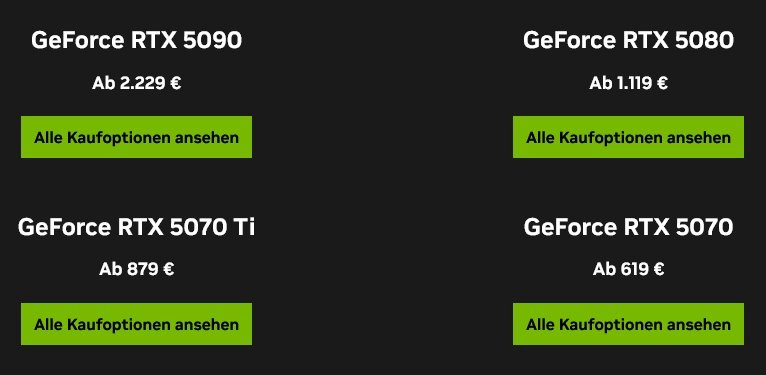 Oficiální doporučené (minimální) ceny grafik GeForce RTX 5000 pro Německo / eurozónu