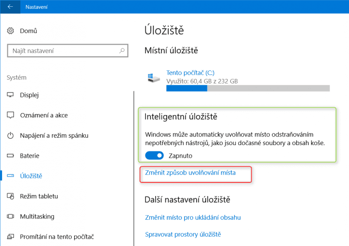 Zapněte či vypněte automatické čištění vybraných oblastí na úložišti