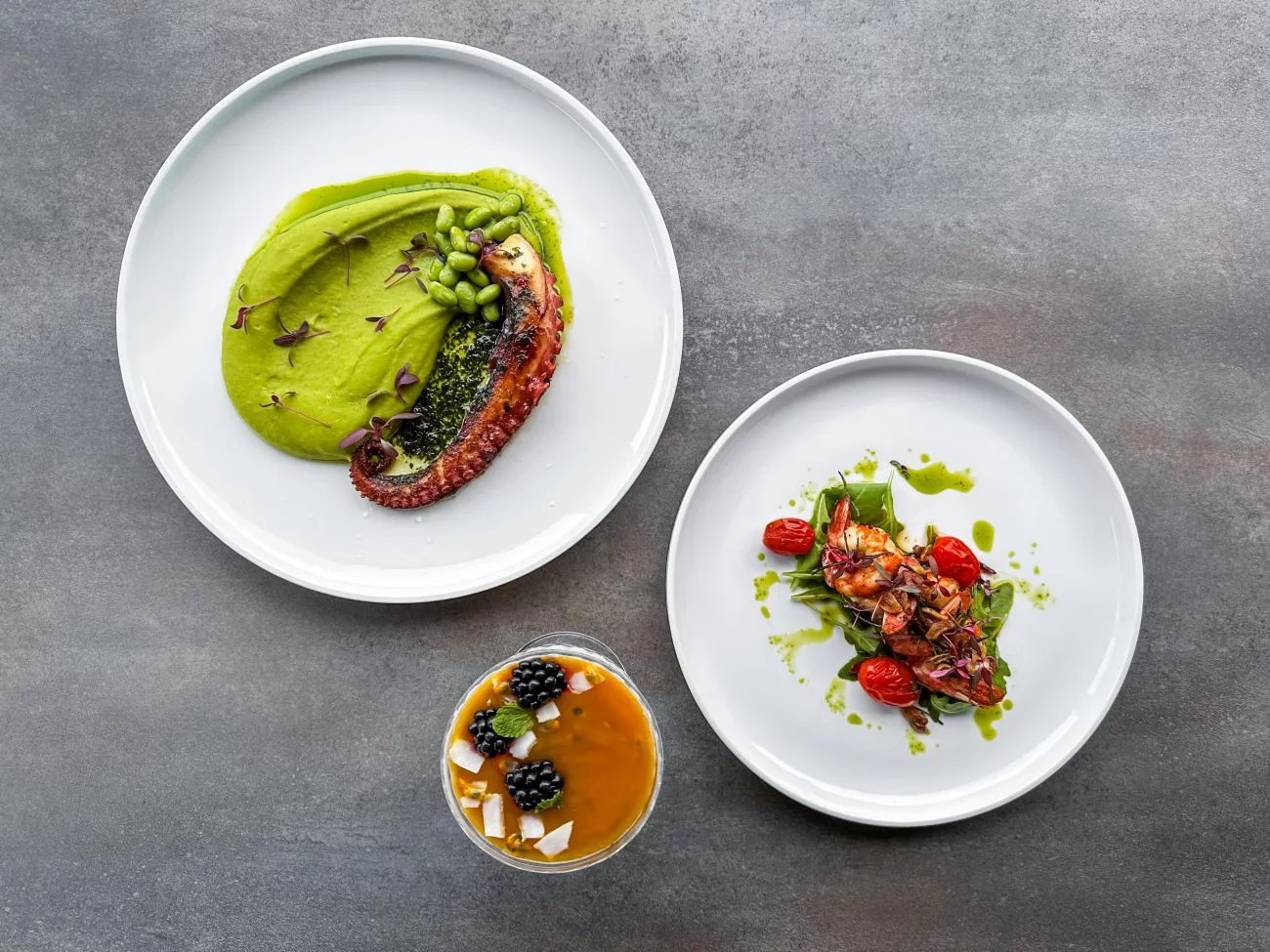 Jedno ze dvou menu restaurace Na Krétě, Hořovice – jako hlavní chod grilovaná chobotnice, bylinková omáčka, hráškové pyré, fava fazole