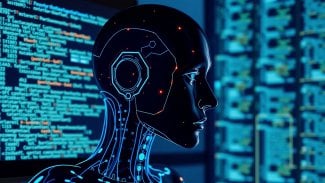 Robot, symbolizující umělou inteligenci, v prostředí displejů