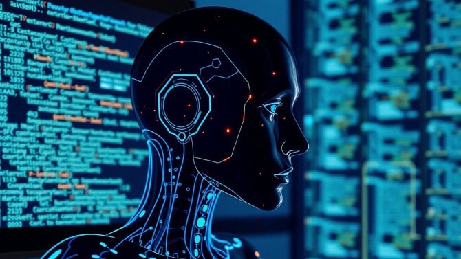Robot, symbolizující umělou inteligenci, v prostředí displejů
