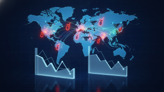 Abstraktní digitální ilustrace znázorňující mapu světa s vyznačeným Blízkým východem, kterou doplňují technologické prvky, sítě datových toků a analytické grafy s klesající tendencí reprezentující makroekonomický vývoj na trhu informačních technologií.