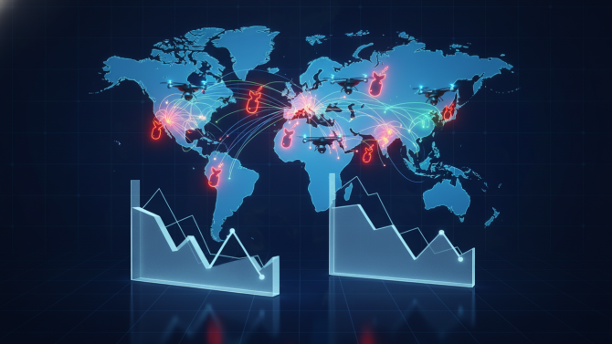 Abstraktní digitální ilustrace znázorňující mapu světa s vyznačeným Blízkým východem, kterou doplňují technologické prvky, sítě datových toků a analytické grafy s klesající tendencí reprezentující makroekonomický vývoj na trhu informačních technologií.
