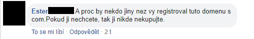 Facebooková diskuze o e-mailu s nabídkou koupě domény