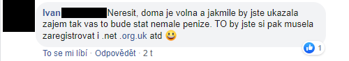 Facebooková diskuze o e-mailu s nabídkou koupě domény