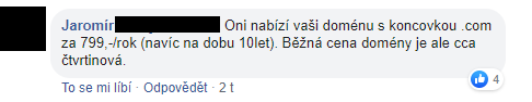 Facebooková diskuze o e-mailu s nabídkou koupě domény