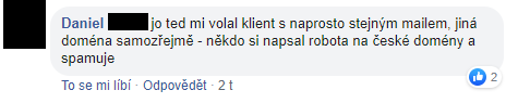 Facebooková diskuze o e-mailu s nabídkou koupě domény