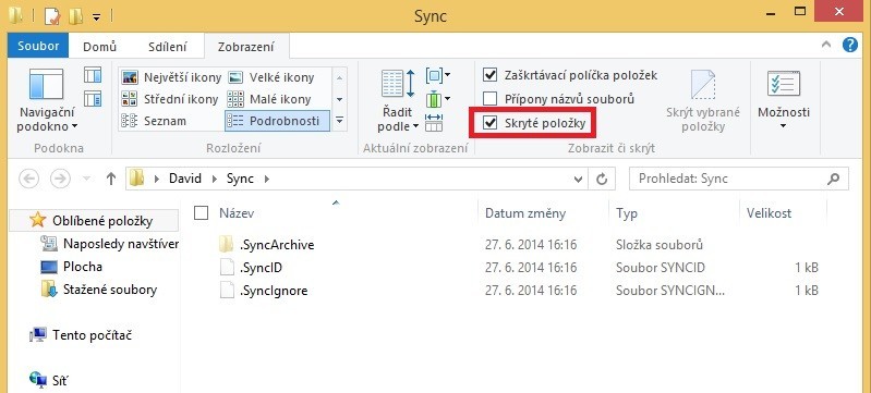 Pokud chcete u služby BitTorrent Sync využívat funkci historie verzí, pak je třeba v Průzkumníku souborů povolit zobrazování skrytých položek.