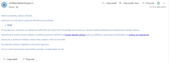 Identita občana - notifikace zamknutí e-mailem