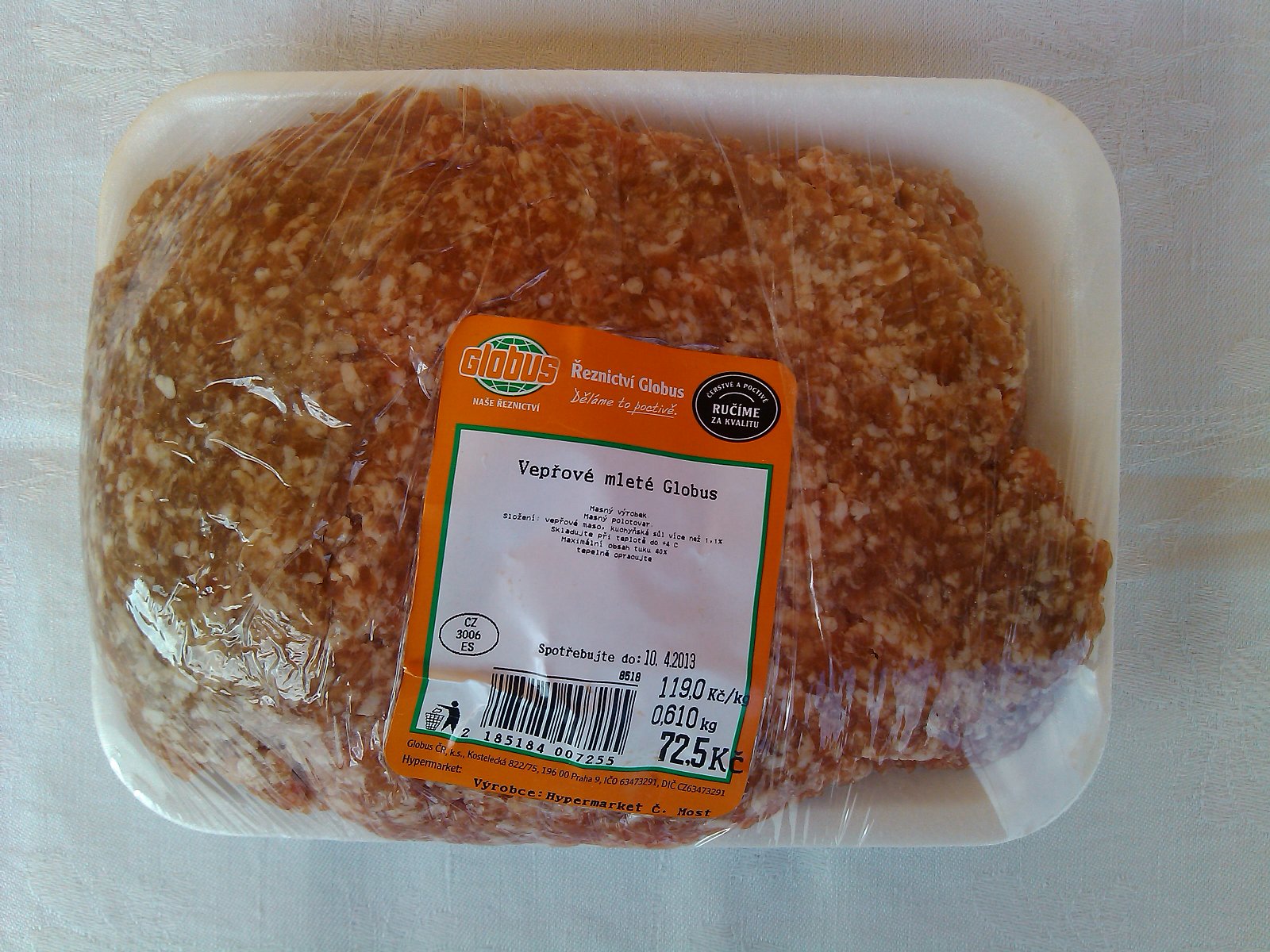 Vepřové mleté, polotovar: podíl masa neuveden, 0,61 kg za 72,50 Kč, 119,00 Kč/kg, obsahuje sůl	
