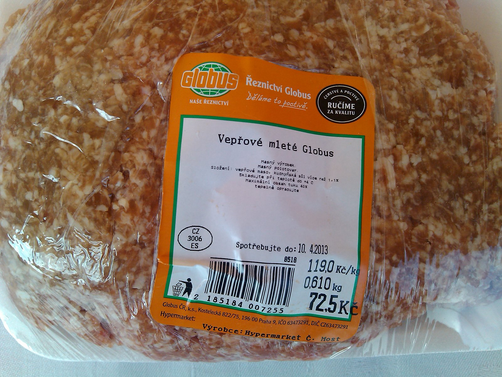 Vepřové mleté, polotovar: podíl masa neuveden, 0,61 kg za 72,50 Kč, 119,00 Kč/kg, obsahuje sůl	
