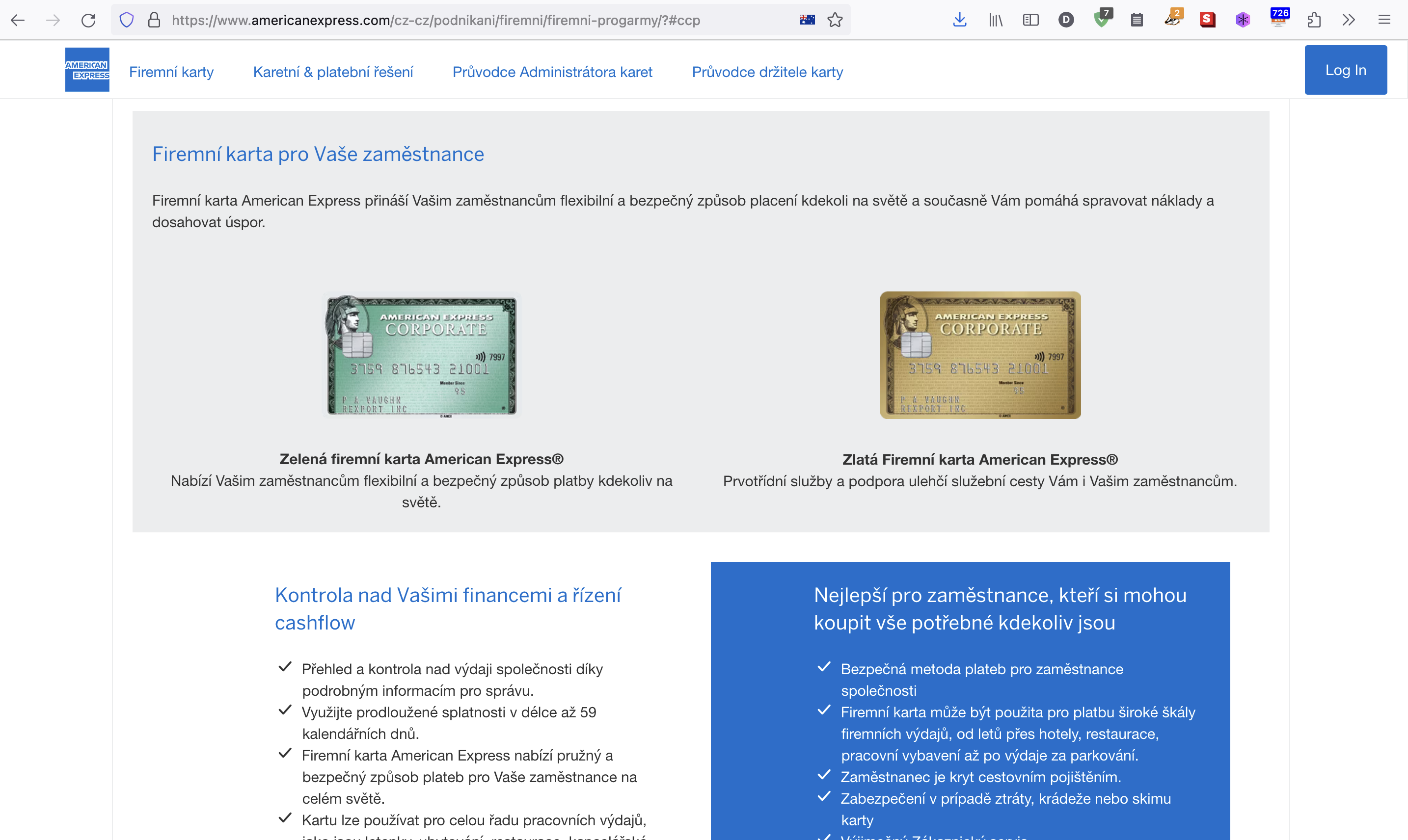 Domácí webová stránka American Express v Česku. (27. 7. 2023)