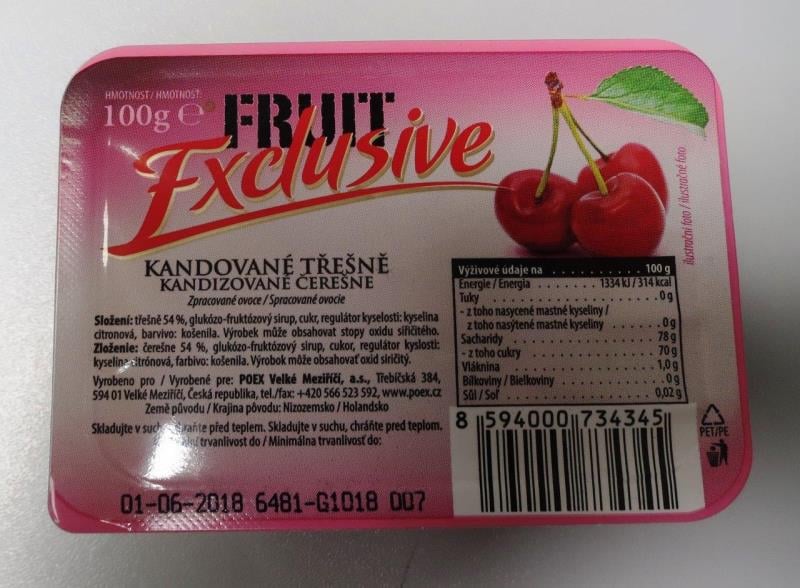 Kaufland, Uherské Hradiště: Kandované třešně - ve výrobku byl překročen legislativní limit pro obsah přídatné látky - barviva košenila (E120). Výrobce: POEX, Velké Meziříčí