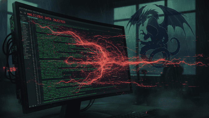 Ilustrační grafika zobrazující monitor s otevřeným editorem kódu, kde se běžná zelená syntaxe mění v červená chybová hlášení, což symbolizuje skrytý hackerský útok a napadení infrastruktury softwaru.