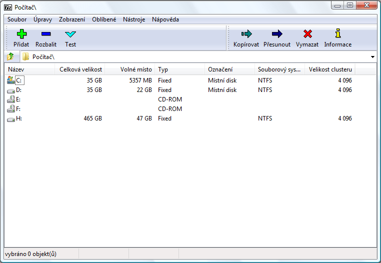 Výchozí okno programu 7-Zip