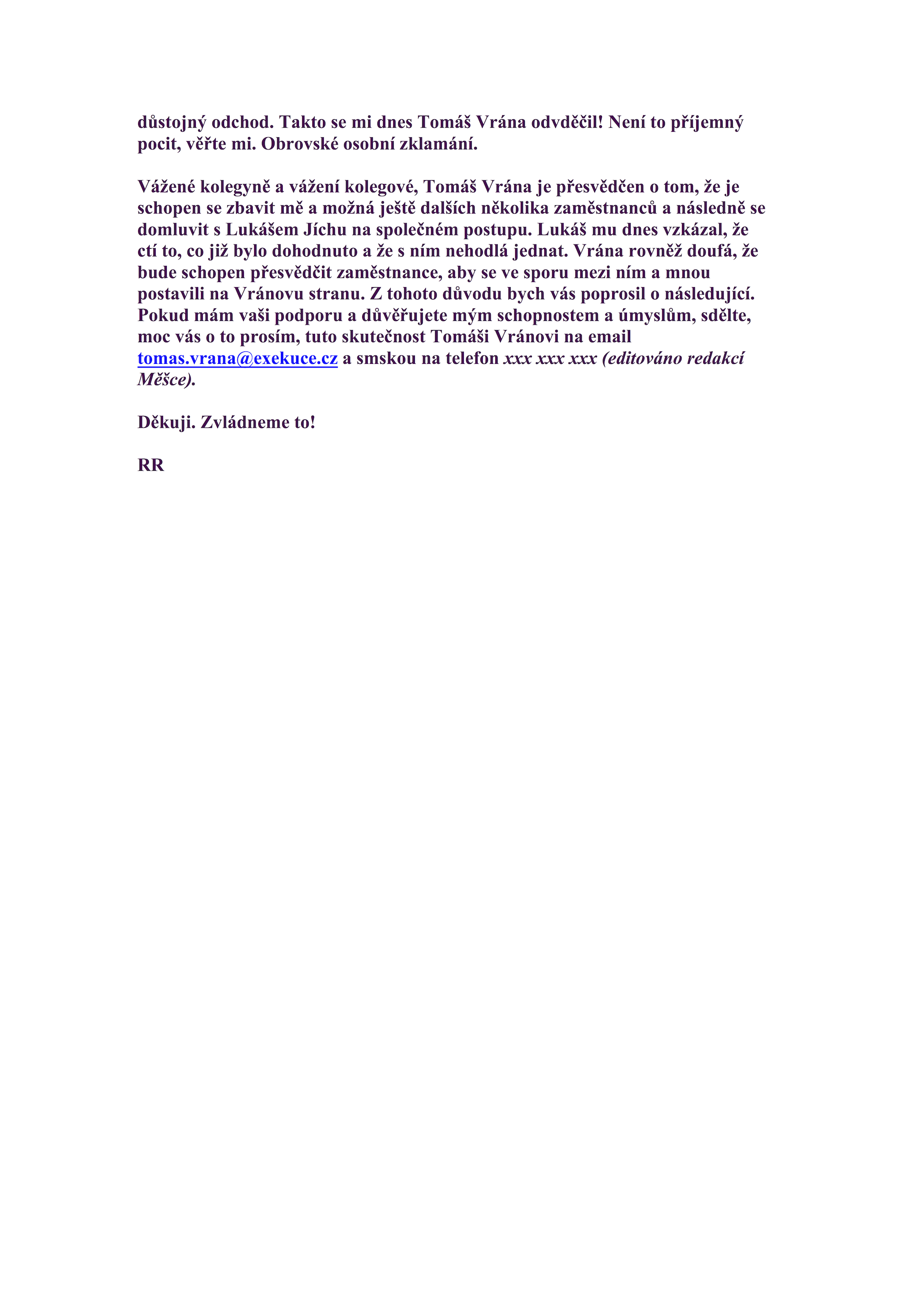 Hromadný e-mail zaslaný zaměstnancům Exekutorského úřadu Přerov.