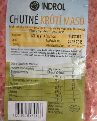 CHUTNÉ KRŮTÍ MASO, INDROL. Kategorie: Falšované potraviny. Nevyhovující parametr: obsah masa. Výrobek obsahoval podstatně méně krůtího masa, než bylo uvedeno na obale. Země původu: Polsko. Místo kontroly: Tesco Stores ČR a.s., Praha 5