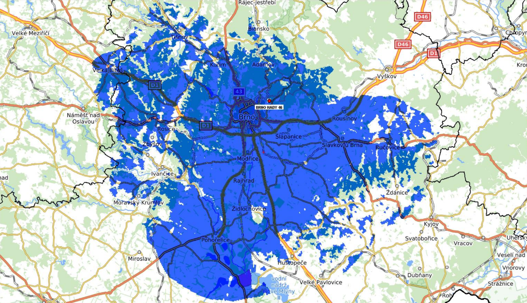 Pokrytí signálem vysílače Brno-Hády