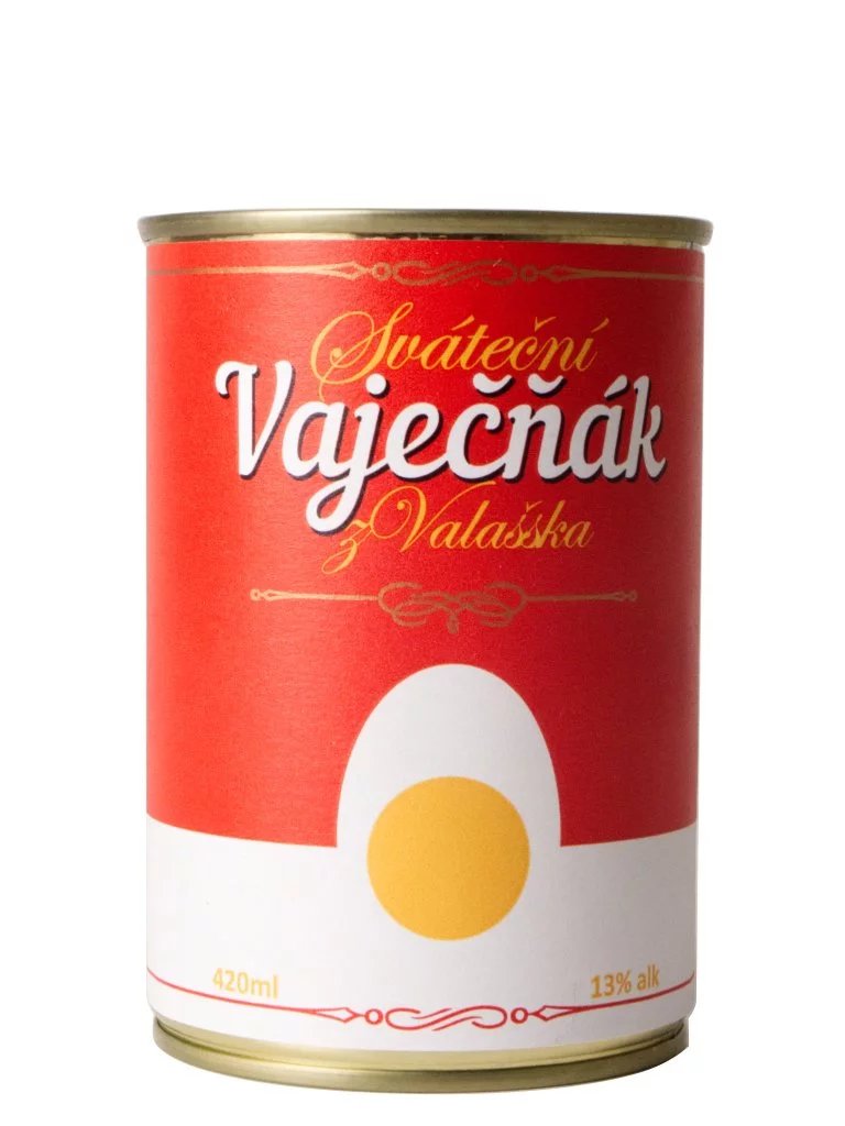 Sváteční Vaječňák z Valašska 13% 0,42l, obsahuje mimo jiné třtinový rum a meruňkovici; 0,42 litru za 349 korun