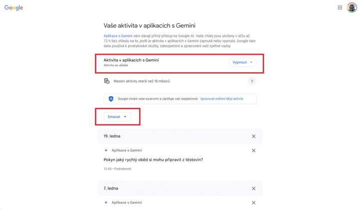 Jak deaktivovat sběr dat v Gemini