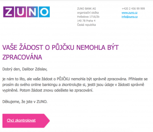 Do e-mailu vám ale obratem přijde informace, že s vaší půjčkou je problém. Po přihlášení do IB se jen dozvíte, že musíte čekat na kurýra. Zbytečné strašení.