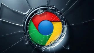 Prasklé logo prohlížeče Chrome vyrobené ze skla