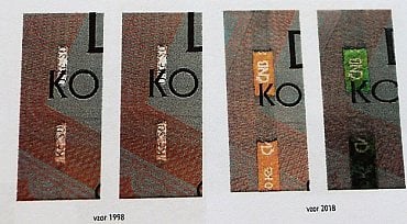 Srovnání ochranných proužků u 200 Kč bankovky. Proužek u nové emise bankovek přechází barevně od hnědofialové do zelené v závislosti na úhlu dopadu světla.
