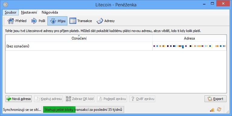 Záložka Přijmi z vaší peněženky pro litecoiny obsahuje adresu, kterou budete potřebovat pro příjem plateb