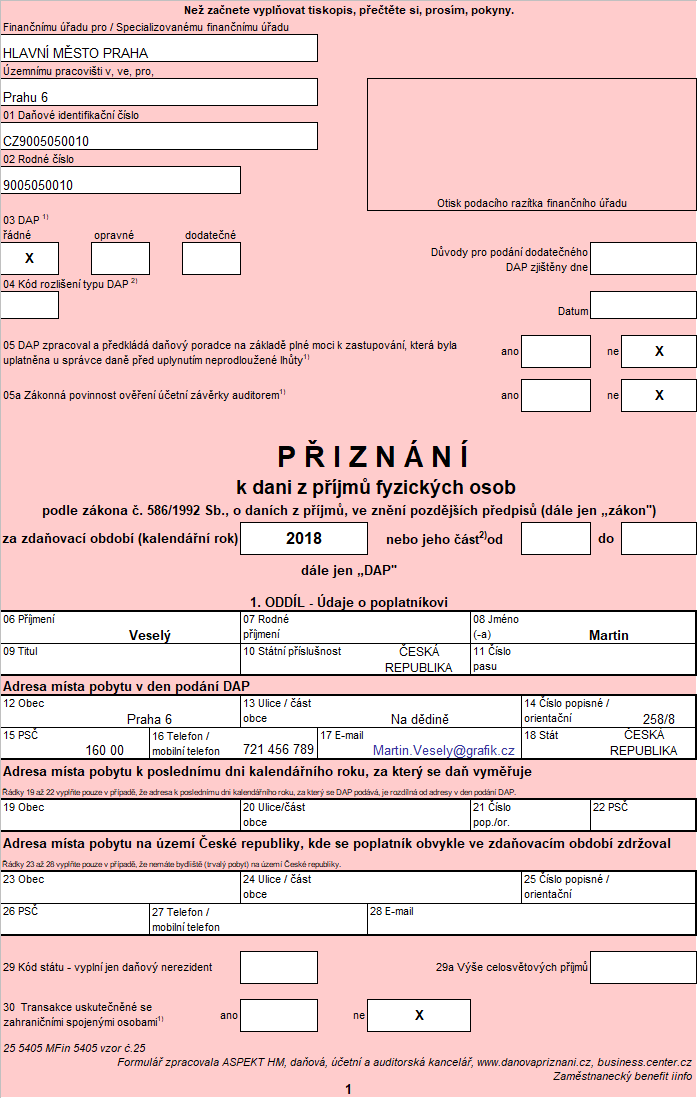 První strana daňového přiznání - vyplněná automaticky.