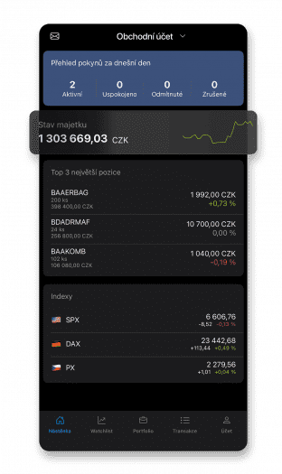 Ukázka sekce Nástěnka investiční aplikace Fio banky Smartbroker.