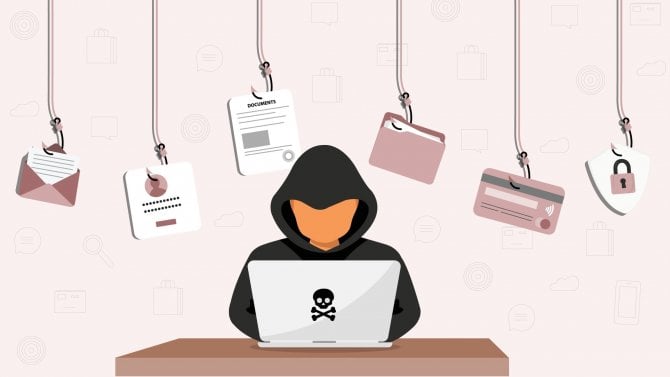 Internetový phishing a hackerský útok. E-mailový spoofing a zabezpečení osobních údajů a ukradené pověření, hacking, phishingové zabezpečení, upozornění na podvodný e-mailový phishing, phishingový útok. Ilustrace