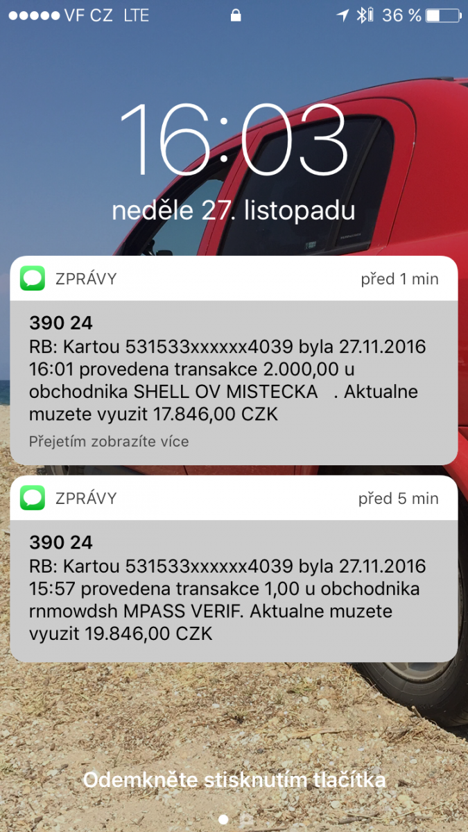 Po platbě s MasterPass mi obratem přišla SMS od vydavatele karty (mám to tak nastaveno).