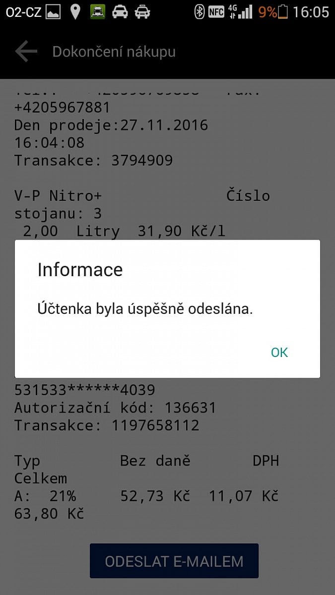 Elektronický daňový doklad vidíte přímo v aplikaci, ale můžete si jej zaslat na e-mail.