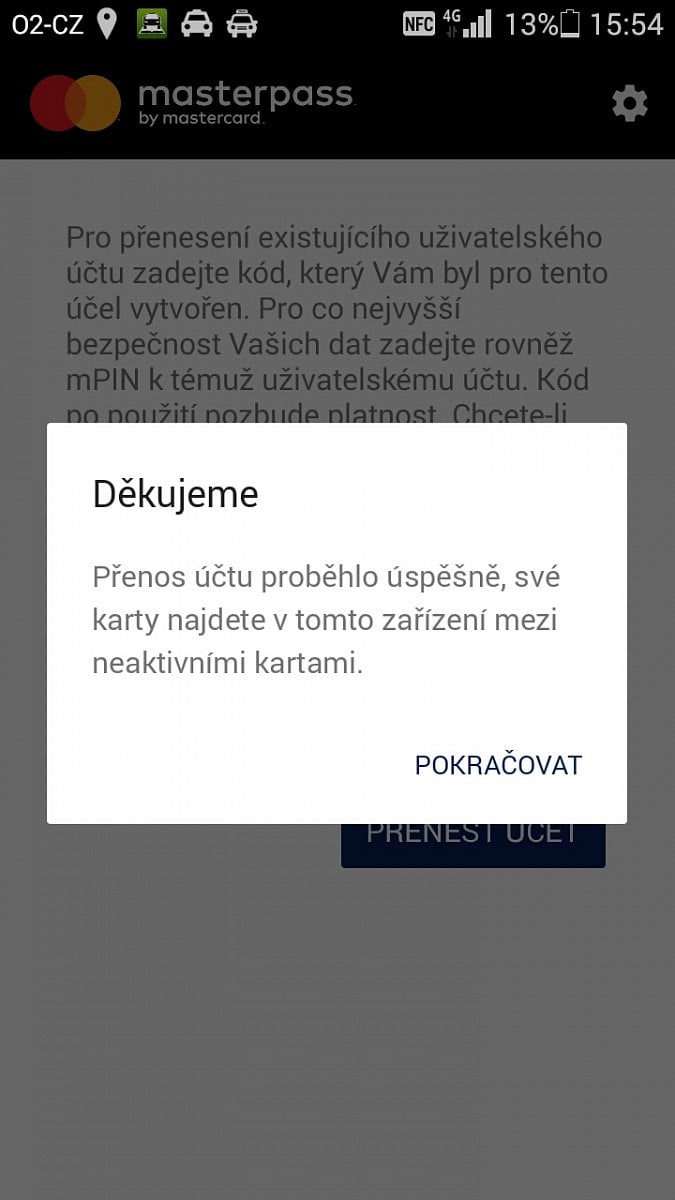 Pokud už používáte MasterPass, můžete data z aplikace převést na další mobil s Androidem nebo iOS.