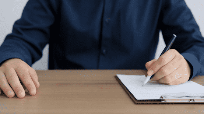 Muž sedící za stolem drží v ruce propisku a vyplňuje tiskopis (žádost)