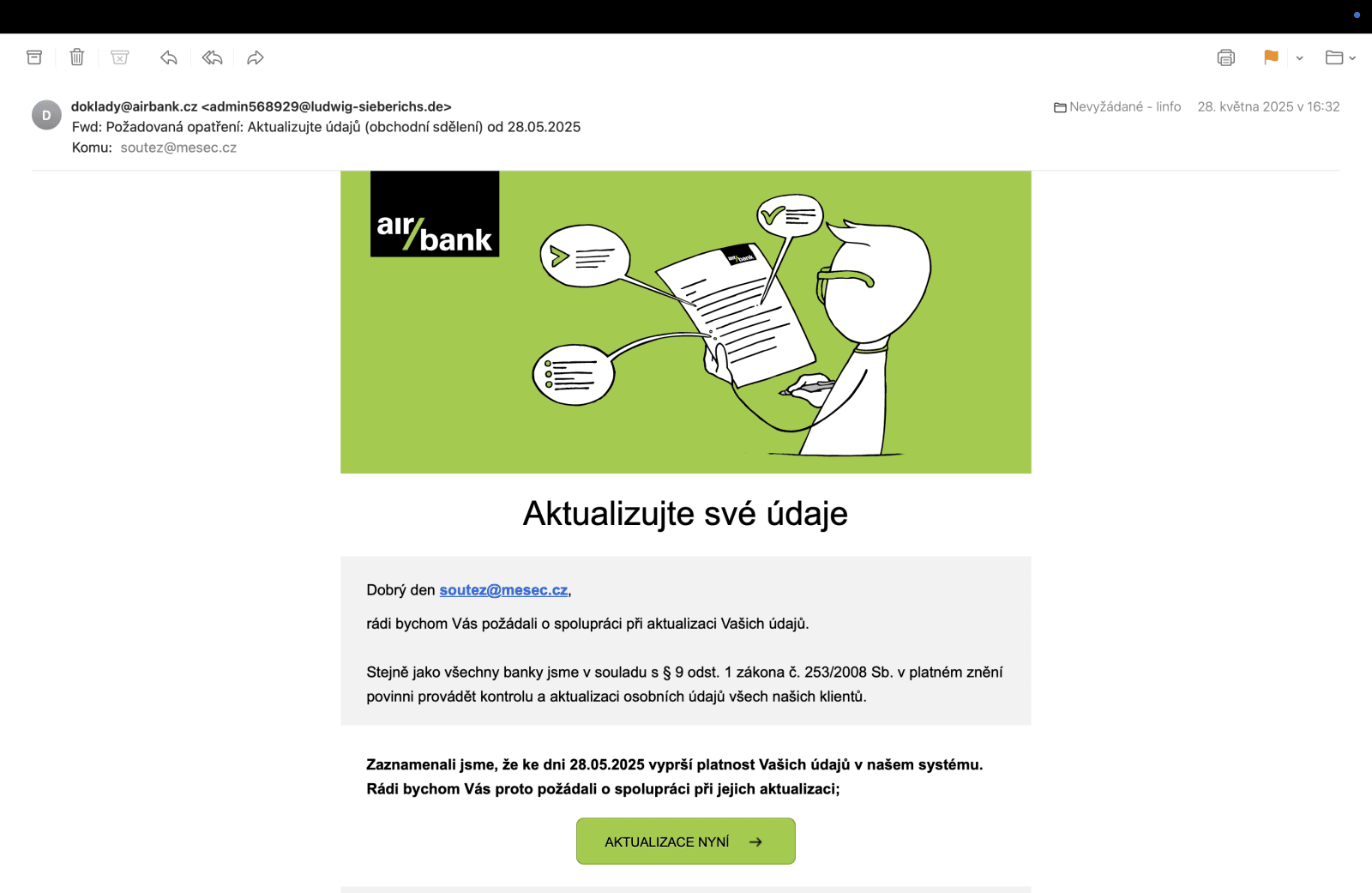 Podvodný phishingový e-mail útočící na klienty Air Bank. (06. 03. 2025)