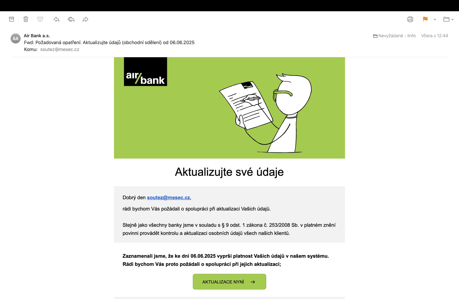 Podvodný phishingový e-mail útočící na klienty Air Bank. (06. 03. 2025)