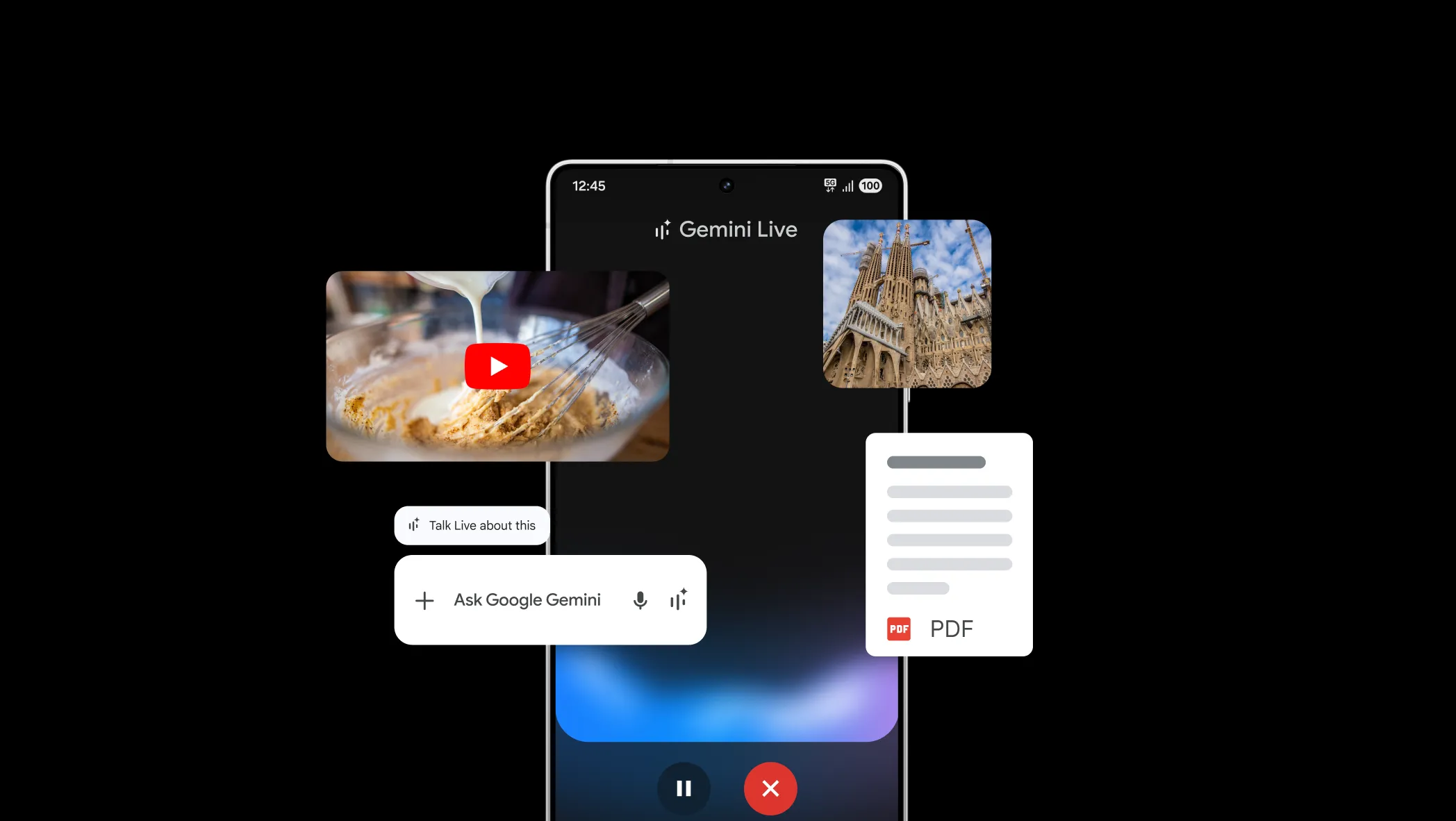 Gemini na telefonu s ukázkami vstupu z videa, fotografie a PDF.
