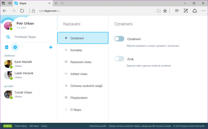 Ve webovém Skypu lze vypnout notifikace