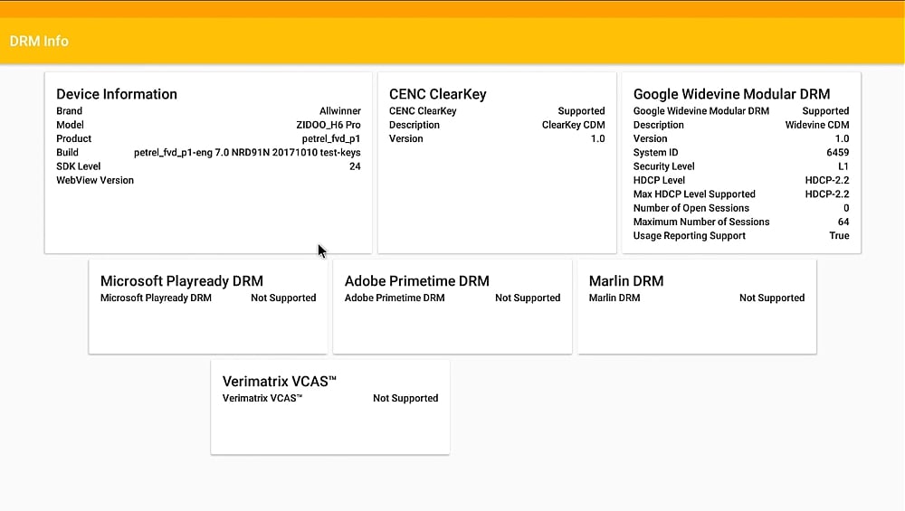 Zidoo H6 Pro - Další benchmarky, DRM Info, Root Check