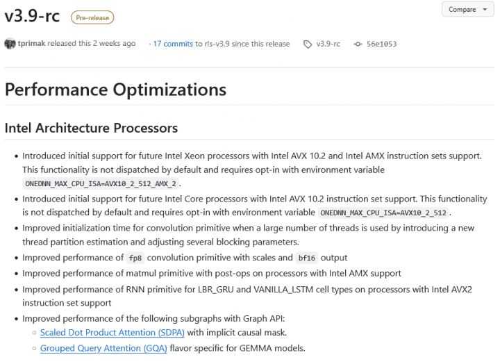 Poznámky k vydání oneDNN v3.9-rc uvádějící podporu AVX-512 na procesorech Intel