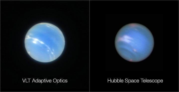 Snímek Neptunu pořízený VLT s adaptivní optikou a vyfocený Hubbleovým teleskopem